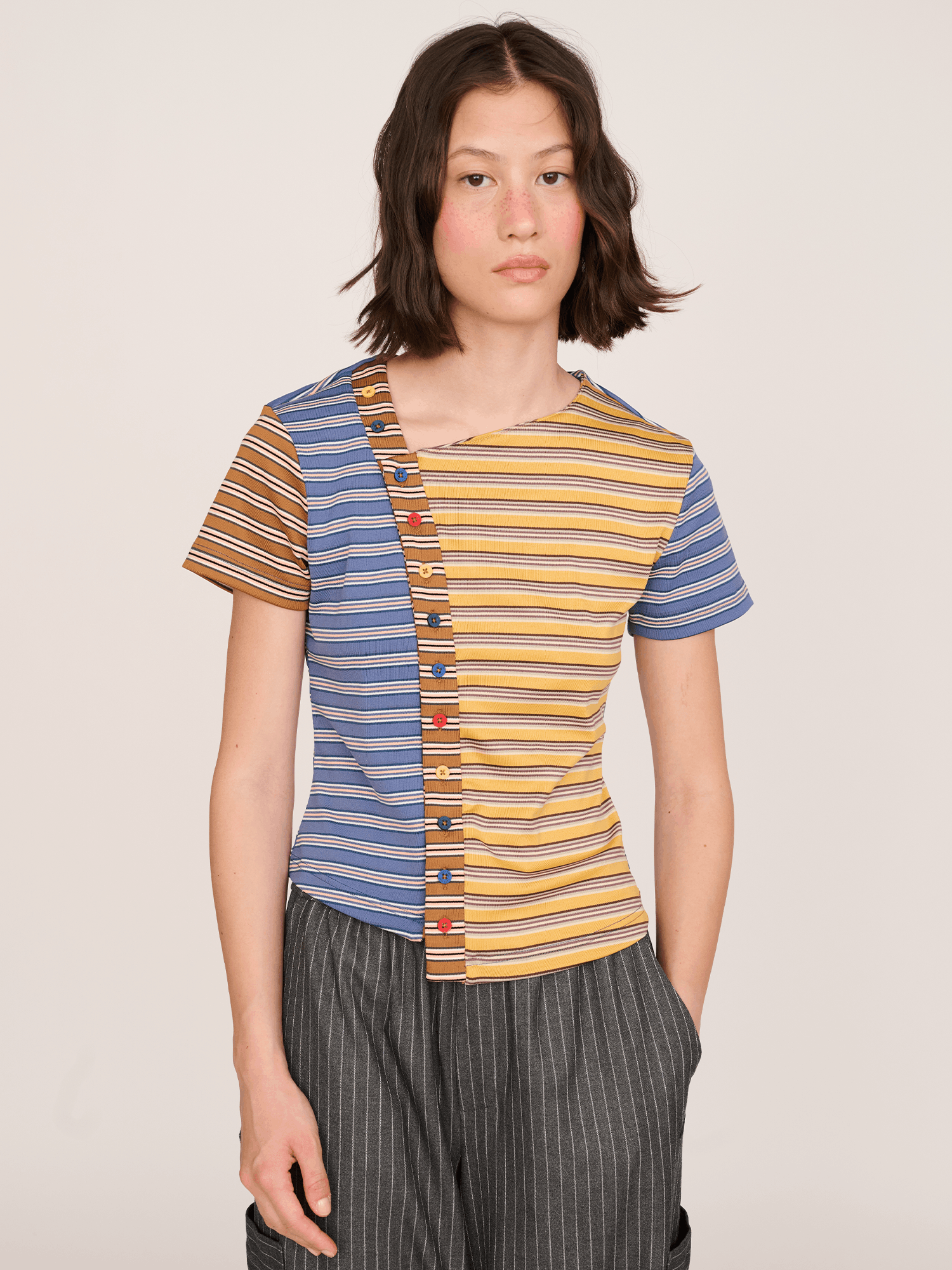 Asymmetric Button Stripe Top
